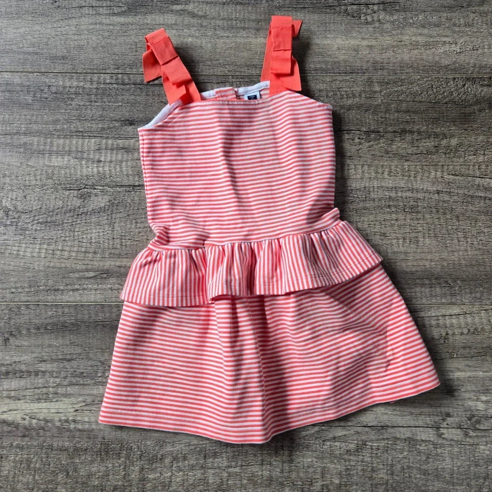 Janie and Jack Girls 2T Coral White Striped Peplum Dress Bow Straps Button Back